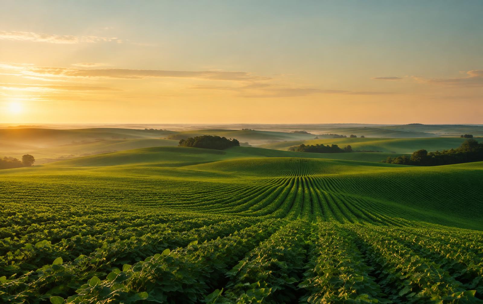 Lavoura em linhas suaves rumo ao horizonte ao amanhecer